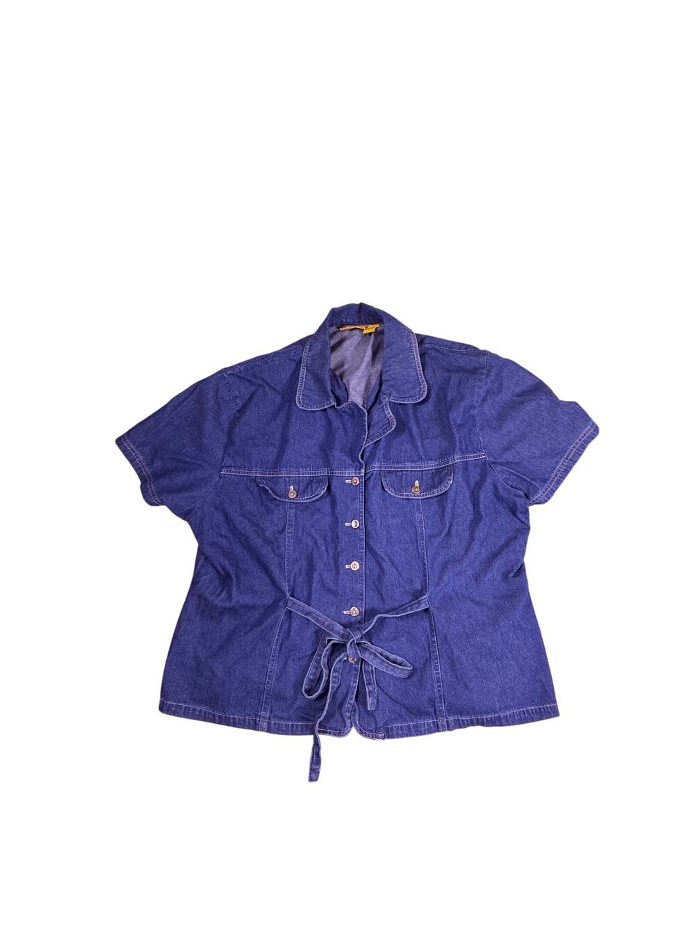 Vintage 90s Denim Blouse Womens 3XL XXXL Blue Cotton Front Tie Button Up